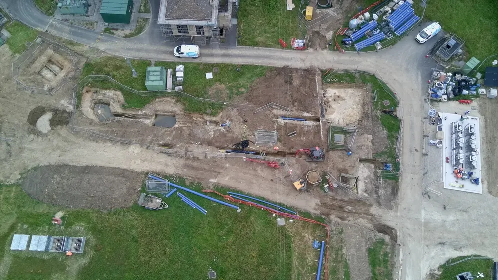 Aerial view of a UCL civils and pipework installation at a water treatment site